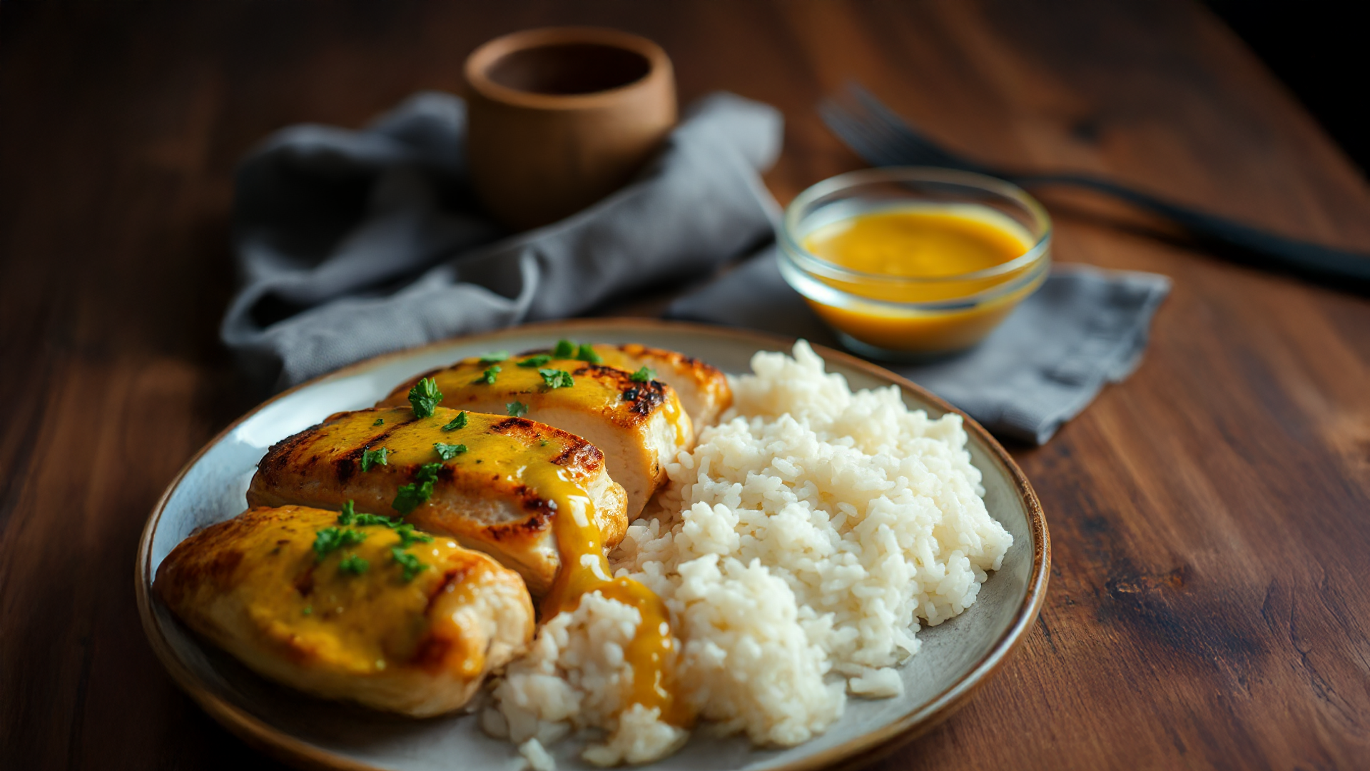 Honig-Senf Hähnchen mit Reis