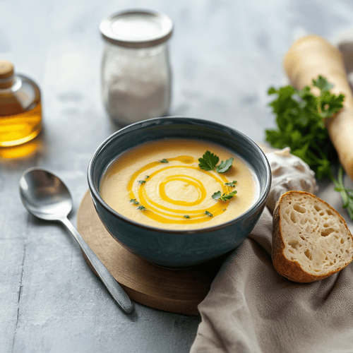 Cremige Pastinakensuppe mit Petersilienöl und knusprigen Chips