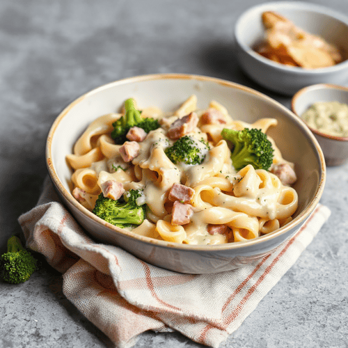 Cremiger Nudel-Brokkoli-Auflauf mit Schinken und Sahnesauce