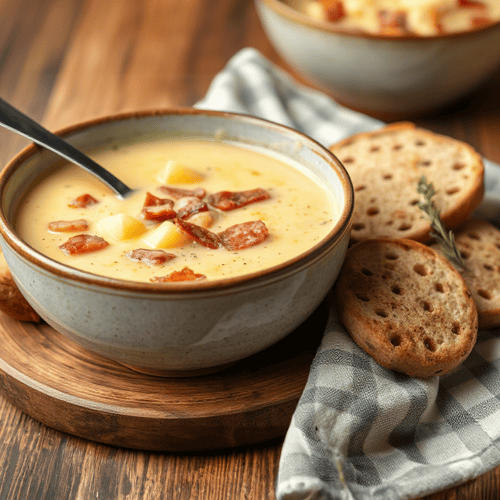 Deftige Kartoffelsuppe mit Würstchen und Speck