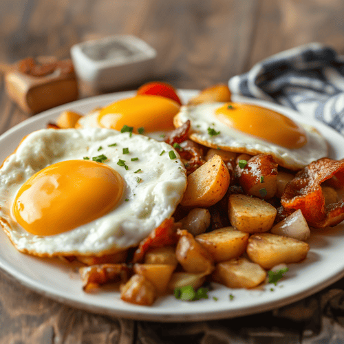 Deftiges Bauernfrühstück mit Speck und Zwiebeln