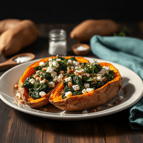 Gebackene Süßkartoffeln mit mediterraner Feta-Spinat-Füllung