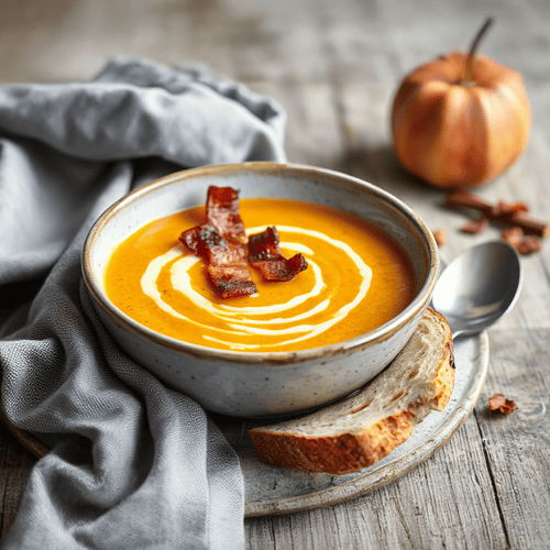 Geröstete Kürbissuppe mit Apfel und Speck