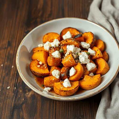 Gerösteter Butternutkürbis mit Honig, Sesam und Feta
