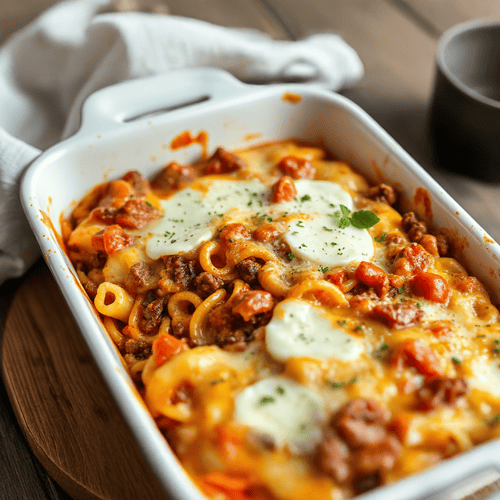 Herzhafter Nudel-Hackfleisch-Auflauf mit Mozzarella