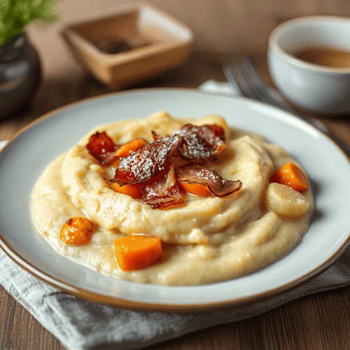 Herzhaftes Steckrübenmus mit Speck und Röstzwiebeln