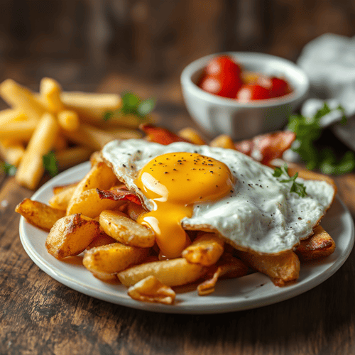 Knusprige Bratkartoffeln mit Spiegelei und Speck
