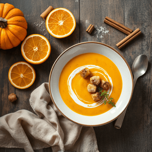Kürbis-Orangen-Suppe mit Zimt-Croûtons