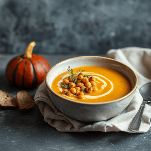 Kürbissuppe mit gebackenen Kichererbsen