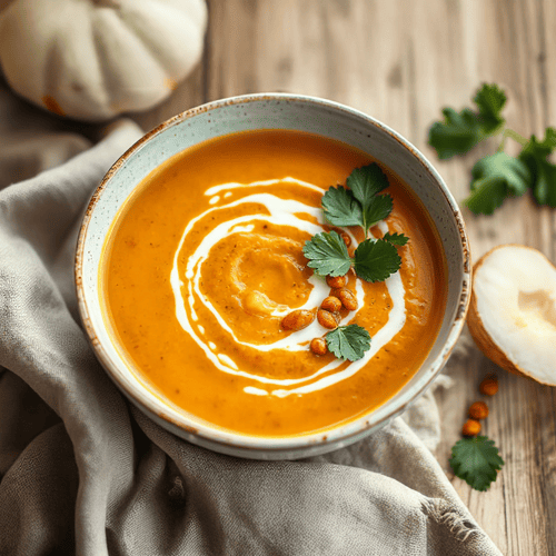Kürbissuppe mit Kokosmilch und roten Linsen