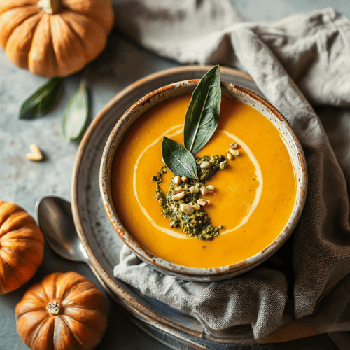Kürbissuppe mit Salbei-Pistazien-Pesto und knusprigen Kürbiskernen