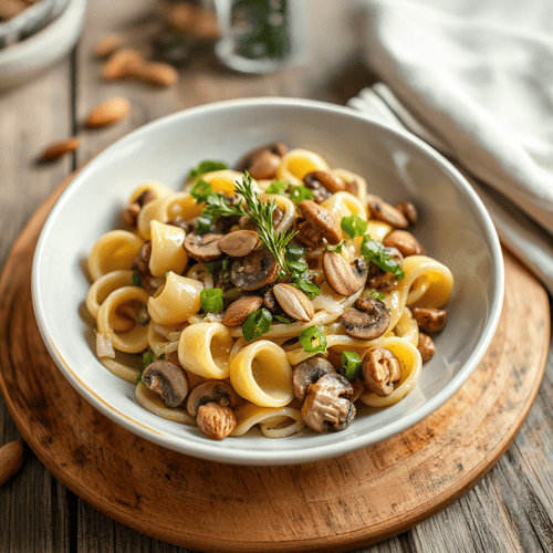 Orecchiette mit cremigem Lauch-Pilz-Topping und knusprigen Mandeln