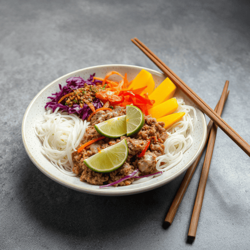 Reisnudelsalat mit Hackfleisch und Mango