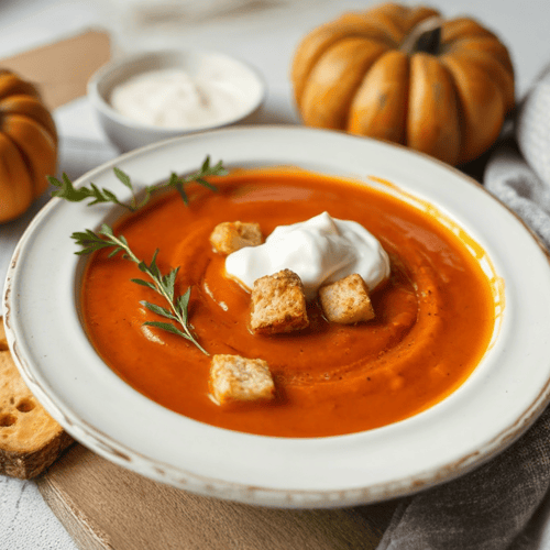 Tomaten-Kürbissuppe mit knusprigen Ahornsirup-Croûtons