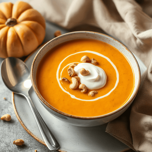 Vegane Kürbis-Karotten-Suppe mit Cashew-Creme und gerösteten Kürbiskernen