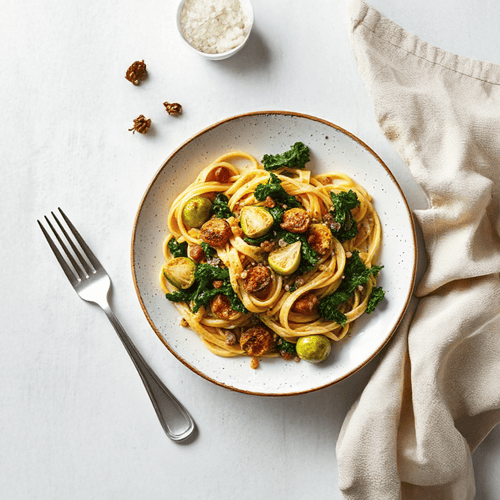 Winterliche Pasta mit geröstetem Gemüse und Mandeln