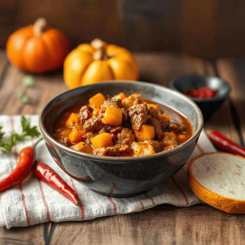 Würziges Kürbis-Chili mit Rind und Chilischoten
