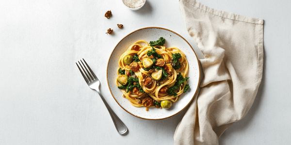 Winterliche Pasta mit geröstetem Gemüse und Mandeln