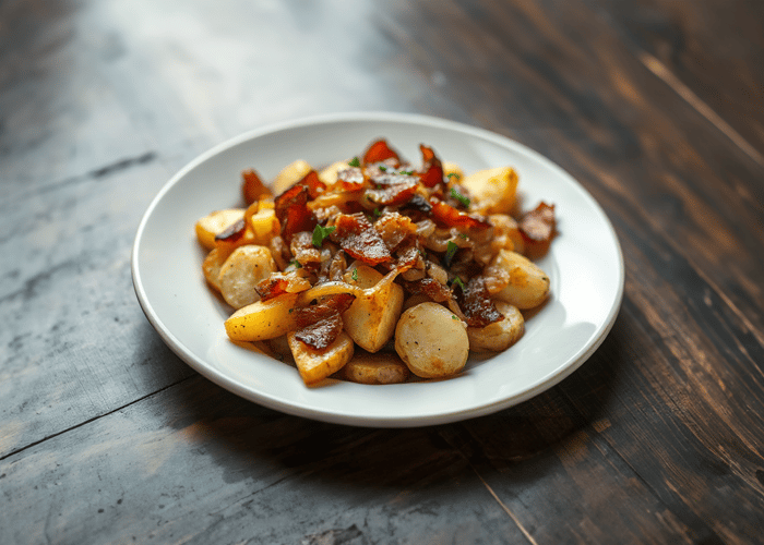 Krosse Bratkartoffeln mit Speck und Zwiebeln