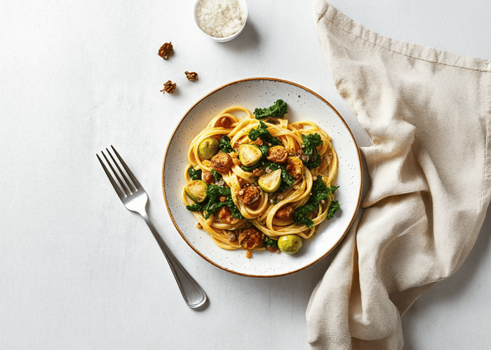 Winterliche Pasta mit geröstetem Gemüse und Mandeln