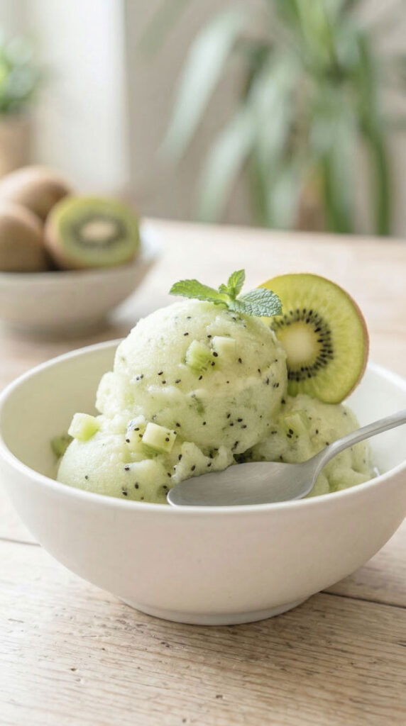 Kiwi-Sorbet mit Kiwi-Stückchen