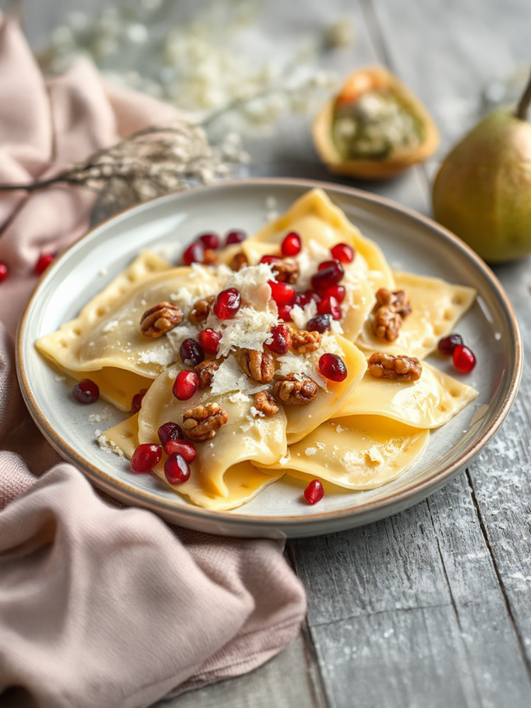 Ravioli mit Gorgonzola, Birne und Walnuss