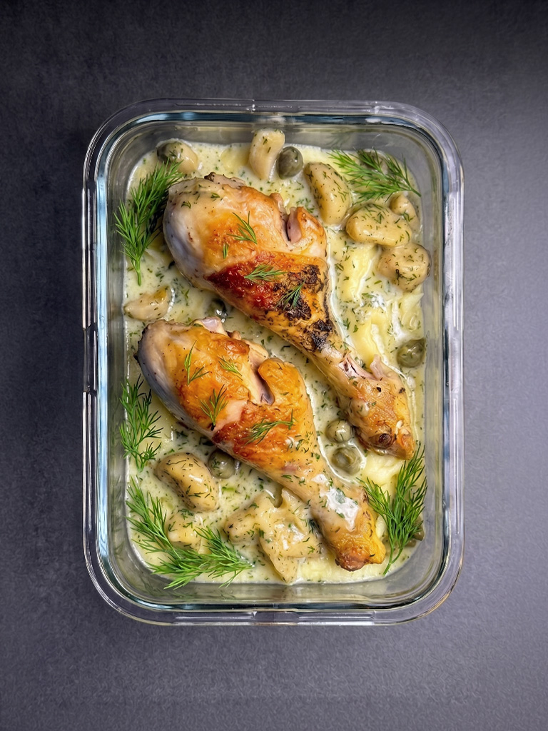 Knoblauch Hähnchenkeulen mit Kapern-Zitronen-Soße