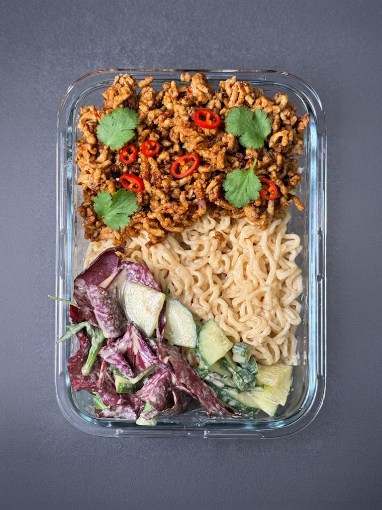 Mie-Nudeln in Miso-Sesam-Sauce mit knusprigem Chili-Hack