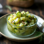Frisches, hausgemachtes Gurken-Relish mit Senfsaat und Dill in einer kleinen Glasschale serviert auf einem dunklen Holztisch.